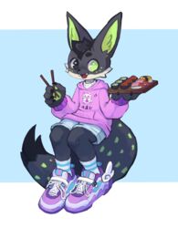  absurd_res anthro canid canine chopsticks clothed clothing fennec_fox food fox hair heterochromia hi_res kota_(kotafen) male mammal markings open_mouth revitalia simple_background solo spots sushi true_fox 