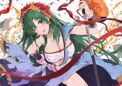  alternate_hairstyle bandages bandeau blue_skirt breasts chest_sarashi cleavage commentary female fire_emblem fire_emblem:_the_blazing_blade fire_emblem_heroes green_eyes green_hair holding holding_weapon large_breasts long_hair looking_at_viewer lyn_(fire_emblem) lyn_(flame)_(fire_emblem) mask mask_on_head midriff official_alternate_costume one_eye_closed sarashi simple_background skirt solo strapless thighs tube_top very_long_hair weapon white_background yuuri_(orz_commushows) 