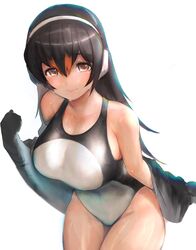  alternate_breast_size black_hair breasts brown_eyes collarbone commentary competition_swimsuit cowboy_shot female gentoo_penguin_(kemono_friends) groin hair_between_eyes headphones highres huge_breasts jacket kemono_friends leaning_forward long_hair long_sleeves multicolored_hair one-piece_swimsuit open_clothes open_jacket red_hair shibori_kasu smile solo swimsuit twisted_torso two-tone_hair wet wet_clothes wet_face wet_swimsuit 