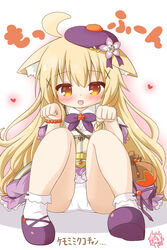  :d ahoge animal_ear_fluff animal_ears beret black_panties blonde_dog_girl_(ri-net) blonde_hair blush bobby_socks brown_eyes commentary_request dog_ears dress female flower flower_knight_girl full_body hair_between_eyes hair_flower hair_ornament hands_up hat heart highres kemonomimi_mode kuko_(flower_knight_girl) long_hair open_mouth panties paw_pose photoshop_(medium) puffy_short_sleeves puffy_sleeves purple_dress purple_flower purple_footwear purple_hat ri-net shadow shoe_soles shoes short_sleeves sitting smile socks solo translation_request underwear very_long_hair white_background white_socks x_hair_ornament 