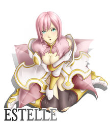  blush boots breasts cleavage dress estellise_sidos_heurassein female gloves green_eyes groin knee_boots looking_at_viewer open_mouth photoshop_(medium) pink_hair short_hair simple_background solo tales_of_(series) tales_of_vesperia thor_(deep_rising) white_background 