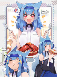  :d animal_ears bare_arms bare_shoulders black_jacket blue_hair blue_hairband blue_skirt blush breasts closed_eyes commentary dog_ears dog_tail eating egg female food fork hairband highres holding holding_fork holding_spoon jacket long_hair looking_at_viewer meat multiple_views open_mouth original red_eyes rene_(rirene) rirene_rn shirt skirt sleeveless sleeveless_shirt smile spoon tail tail_wagging white_shirt 