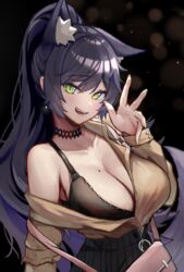  absurdres animal_ear_fluff animal_ears black_background black_bra black_choker black_hair blush bra breasts cat_ears choker cleavage female green_eyes highres jacket large_breasts long_hair looking_at_viewer md5_mismatch meridian_project mole mole_on_breast open_mouth oukafafafa seki_(vtuber) slit_pupils smile solo teeth underwear virtual_youtuber yellow_jacket 