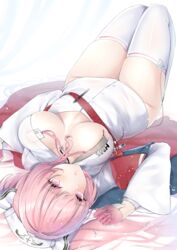  absurdres azur_lane breasts cleavage closed_mouth female gloves hat highres large_breasts long_hair long_sleeves looking_at_viewer lying nurse_cap official_alternate_costume on_back pen perseus_(azur_lane) perseus_(unfamiliar_duties)_(azur_lane) pink_eyes pink_gloves pink_hair solo syringe thighhighs touwa_iyo white_thighhighs 