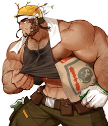  1boy abs arm_hair bag bandaid bandaid_on_nose bara bare_shoulders beard black_tank_top brown_hair carrying_under_arm chest_hair clothes_lift dark-skinned_male dark_skin eyebrows_visible_through_headband facial_hair from_side gloves gomtang green_pants hairy hardhat headband helmet large_pectorals lifted_by_self male_cleavage male_focus mature_male midriff_peek muscular muscular_male navel navel_hair nipple_slip nipples original pants pectorals shirt_lift short_hair sideburns sidepec single_glove sleeveless solo stomach sweat tank_top thick_eyebrows thick_thighs thighs tight tight_pants towel towel_around_neck 