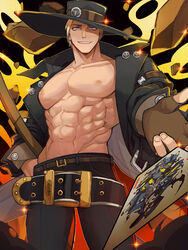  1boy abs bara bare_pectorals belt blonde_hair card feet_out_of_frame fingerless_gloves foreshortening gloves grin guilty_gear guilty_gear_strive hat highres jacket johnny_(guilty_gear) kyou_(ningiou) large_belt long_hair looking_at_viewer male_focus muscular muscular_male navel nipples obliques open_clothes open_jacket outstretched_hand pectorals playing_card smile solo sparkle stomach thick_eyebrows thighs v-taper 