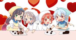  4girls apron bandana blonde_hair blue_apron blue_hair blue_sailor_collar brown_eyes brown_hair chocolate commentary_request double_bun freckles gradient_hair green_eyes grey_eyes grey_hair hair_bun hair_rings heart highres kaiboukan_no._30_(kancolle) kaiboukan_no._4_(kancolle) kantai_collection kappougi long_hair low_twintails matsuwa_(kancolle) mocchi_(mocchichani) multicolored_hair multiple_girls oerba_yun_fang pink_hair purple_hair red_eyes sado_(kancolle) sailor_collar school_uniform serafuku short_hair skin_fang tenugui twintails upper_body yellow_apron 