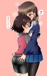  ... 2girls ass_grab bad_id bad_twitter_id bike_shorts black_legwear black_necktie black_ribbon black_shorts blue_skirt blue_sweater blush braid brown_eyes brown_hair closed_mouth commentary_request deep_skin dress_shirt girls_und_panzer gym_uniform hair_ornament hair_ribbon hairclip hands_on_another&#039;s_chest heart heart-shaped_pupils highres isobe_noriko jacket light_frown long_hair long_sleeves looking_at_another miniskirt multiple_girls necktie outline pantyhose pink_background pleated_skirt raglan_sleeves red_jacket ribbon rukuriri_(girls_und_panzer) school_uniform shirt short_hair short_shorts shorts simple_background single_braid skirt spoken_ellipsis spoken_heart st._gloriana&#039;s_school_uniform standing steam sweater symbol-shaped_pupils tanutika track_jacket white_outline yuri 