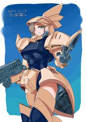  boots breasts commentary dated female gelgoog_marine green_eyes gundam gundam_0083 hair_over_one_eye highres humanization large_breasts looking_at_viewer looking_down mecha_musume michi_kuso one_eye_covered short_hair solo symbol-only_commentary thigh_boots thighhighs v zeon 