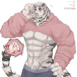  !? 0_0 2boys abs animal_ears arknights bara black_male_underwear blush boxers bulge chibi chibi_inset commentary couple cowboy_shot cropped_hoodie dated dog_boy edie_crop_hoodie flying_sweatdrops furry furry_male furry_with_furry highres hood hoodie hung_(arknights) large_pectorals male_focus male_underwear mature_male meme meme_attire mountain_(arknights) multiple_boys muscular muscular_male navel navel_hair nipples nunun_(nununnong) pectorals pink_hoodie scar scar_on_chest short_hair shy sideburns solo_focus stomach symbol-only_commentary tail tail_ornament tail_ring tiger_boy tiger_ears underpec underwear white_fur yaoi 