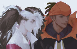  2boys black_hair black_hoodie closed_mouth collared_shirt commentary dark-skinned_male dark_skin earrings eyeshadow green_eyes grey_eyeshadow half-closed_eyes hood hoodie jacket jewelry long_hair makeup male_focus multicolored_hair multiple_boys piers_(pokemon) pokemon pokemon_swsh raihan_(pokemon) rioru_(rioru_v_v) shirt short_hair simple_background smile tied_hair two-tone_hair undercut upper_body white_background white_hair white_jacket 