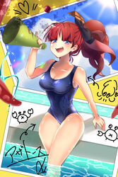  absurdres azathoth_(monster_strike) bow cloud female highres megaphone monster_strike naruse_nanase photo_(object) ponytail pool purple_eyes red_hair sitting sky solo sun swimsuit tentacle tentacle_hair through_medium through_screen water 