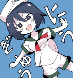  :d anchor_symbol black_eyes black_hair blue_background blush breasts bright_pupils colored_skin commentary_request cookie_(touhou) dutch_angle feet_out_of_frame female hair_between_eyes hat ixy looking_at_viewer medium_breasts milk_(cookie) murasa_minamitsu navel neckerchief no_bra open_mouth outstretched_arms red_neckerchief shirt short_hair shorts simple_background smile solo spread_arms touhou translation_request underboob white_hat white_pupils white_shirt white_shorts white_skin 