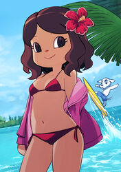  1boy animal_crossing bare_shoulders bikini black_eyes blue_sky breasts brown_hair cleavage closed_mouth cloud cowboy_shot day eyelashes female flower furry furry_male hair_flower hair_ornament hibiscus highres jacket k.k._slider_(animal_crossing) legs_apart long_sleeves muramasa_mikado murana_(muramasa_mikado) navel ocean open_clothes open_jacket outdoors pink_jacket red_bikini red_flower short_hair sky small_breasts smile standing surfboard surfing swept_bangs swimsuit villager_(animal_crossing) water 