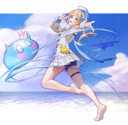  absurdres barbara_(genshin_impact) barbara_(summertime_sparkle)_(genshin_impact) bare_legs barefoot bird blonde_hair blue_eyes clover_print drill_hair duck duck_print feet female full_body genshin_impact hat high-waist_shorts highres long_hair looking_back official_alternate_costume sailor_hat shorts skindentation slime_(genshin_impact) soles toes twin_drills twintails white_headwear zhenli-mari 