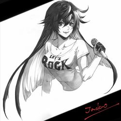  blunt_ends breasts clothes_writing colored_inner_hair covered_navel female greyscale guilty_gear guilty_gear_strive guilty_gear_strive_x_tower_records hair_between_eyes highres holding holding_microphone jack-o&#039;_valentine lamp9229 long_hair looking_at_viewer mature_female medium_breasts messy_hair microphone monochrome multicolored_hair official_alternate_costume shirt short_sleeves smile t-shirt tower_records two-tone_gloves upper_body 