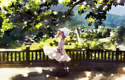  bag blue_eyes branch dress female fence full_body grey_socks hat higurashi_no_naku_koro_ni hiragi_rin leaf orange_hair outdoors ryuuguu_rena short_sleeves socks solo standing white_dress white_hat 