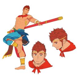  1boy abs bara bo_staff crown dark-skinned_male dark_skin expressions facial_hair full_body goatee gyee holding holding_polearm holding_staff holding_weapon itto_(mentaiko) kong_(gyee) long_sideburns male_focus mature_male muscular muscular_male nipples orange_hair pectorals polearm revealing_clothes ruyi_jingu_bang short_hair sideburns smile solo staff stomach thighs weapon white_background 