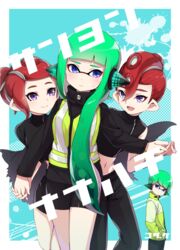  2boys 2girls agent_3_(splatoon) agent_4_(splatoon) agent_8_(splatoon) artist_name bad_id bad_pixiv_id bike_shorts black_pants black_shirt black_shorts blue_eyes blush closed_mouth commentary_request cover cover_page doujin_cover green_hair hands_in_pockets headgear highres holding_hands inkling inkling_boy inkling_girl inkling_player_character interlocked_fingers jacket looking_at_another midriff miniskirt mohawk multiple_boys multiple_girls navel octoling octoling_girl octoling_player_character pants pencil_skirt red_hair shirt short_hair short_ponytail shorts skirt sleeveless sleeveless_shirt smile splatoon_(series) splatoon_1 splatoon_2 splatoon_2:_octo_expansion squidbeak_splatoon standing sweatdrop takeko_spla tied_hair translation_request turtleneck vest yellow_jacket yellow_vest 