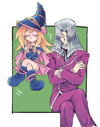  1boy blonde_hair blush_stickers boots closed_eyes crossed_arms crossed_legs dark_magician_girl duel_monster feet_out_of_frame female fingernails floating frilled_shirt_collar frills grey_hair hair_over_one_eye hat highres long_hair neck_ribbon pants pegasus_j_crawford ribbon roku_(suzusuzu65972012) sitting toon_dark_magician_girl yu-gi-oh! yu-gi-oh!_duel_monsters 