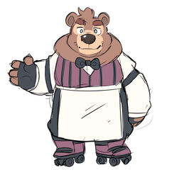  2019 alto_(breeze_in_the_clouds) anthro apron bear bow_tie breeze_in_the_clouds brown_body brown_fur clothing fur humanoid_hands komoroshi_(artist) male mammal shirt simple_background slightly_chubby solo topwear white_background 