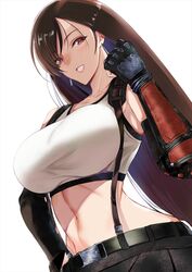  bare_shoulders belt black_gloves black_skirt blush breasts brown_hair collarbone commentary_request crop_top earrings elbow_gloves elbow_pads female final_fantasy final_fantasy_vii final_fantasy_vii_remake fingerless_gloves fist_pump gloves grin highres jewelry kawabata_yoshihiro large_breasts long_hair looking_at_viewer midriff navel pencil_skirt red_eyes shirt simple_background skirt smile solo suspender_skirt suspenders swept_bangs tank_top taut_clothes taut_shirt tifa_lockhart very_long_hair white_background white_tank_top 