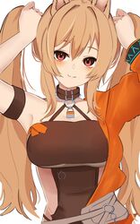  absurdres alternate_hairstyle animal_ears arknights armpits arms_up bare_shoulders binware blush breasts brown_hair bunching_hair ceobe_(arknights) ceobe_(summer_flowers)_(arknights) cleavage closed_mouth commentary_request dog_ears fang_out female hair_between_eyes highres jacket long_hair long_sleeves looking_at_viewer medium_breasts oerba_yun_fang official_alternate_costume orange_jacket red_eyes simple_background smile solo twintails upper_body very_long_hair white_background 