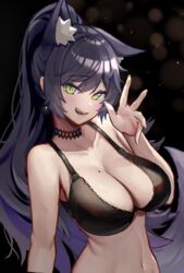  absurdres animal_ear_fluff animal_ears black_background black_bra black_choker black_hair blush bra breasts cat_ears choker earrings female green_eyes highres jewelry large_breasts long_hair looking_at_viewer meridian_project mole mole_on_breast navel open_mouth oukafafafa seki_(vtuber) slit_pupils smile solo teeth underwear virtual_youtuber 