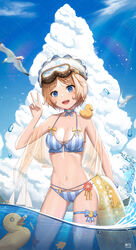  :d bird blonde_hair blue_eyes blue_sky bow_choker breasts chinese_commentary choker cleavage cloud cloudy_sky commentary_request facial_tattoo female goggles goggles_on_head hat heart highres holding horizon identity_v innertube looking_at_viewer midriff navel ocean open_mouth outdoors ribbon_choker rubber_duck seagull short_hair sidelocks sky smile solo swim_ring tattoo tracy_reznik tracy_reznik_(re-swim) v wading yuxing_yuhang 