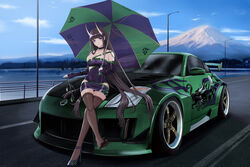  absurdres against_vehicle alternate_costume areola_slip asymmetrical_dress azur_lane backless_dress backless_outfit bare_shoulders black_choker black_hair blue_sky blush breasts bridge brown_thighhighs car checkered_clothes checkered_dress checkered_footwear checkered_gloves choker cleavage closed_mouth clothing_cutout cloud collarbone commentary company_name copyright_name country_connection crossed_legs day dress elbow_gloves electronic_arts eyelashes feet female gloves green_car green_trim high_heels highres hip_vent holding holding_shoes holding_umbrella horns japan kawaguchiko_bridge kcar66t key lamppost large_breasts latex latex_dress latex_gloves leaning_against_vehicle legs light_smile logo long_hair microdress motor_vehicle mount_fuji mountain mountainous_horizon need_for_speed need_for_speed:_underground_2 nissan nissan_350z nissan_fairlady_z no_bra no_shoes noshiro_(azur_lane) oni_horns outdoors partially_fingerless_gloves pencil_dress pencil_skirt purple_eyes purple_footwear purple_gloves race_queen railing real_world_location revealing_clothes road seamed_legwear see-through see-through_dress shiny_clothes shoes side_cutout single_shoe single_strap skin_tight skindentation skirt sky sleeveless sleeveless_dress smile solo sports_car spread_toes stance_(vehicle) strappy_heels taut_clothes taut_dress thighhighs tight_clothes toes tree umbrella unworn_shoes vehicle_focus very_long_hair zettai_ryouiki 