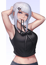  adjusting_hair armpits arms_behind_head arms_up bare_arms bare_shoulders black_ribbon black_shirt blue_eyes blunt_bangs blush breasts closed_mouth collarbone commentary crop_top female gradient_background hair_ornament hair_tie_in_mouth hairclip half-closed_eyes hand_in_own_hair hands_in_hair highres large_breasts lerio_(leriodraws) long_hair looking_at_viewer medium_hair midriff mouth_hold navel original ribbon ribbon_in_mouth riva_(ava) shirt signature simple_background sleeveless sleeveless_shirt smile solo stomach tying_hair upper_body white_background white_hair 