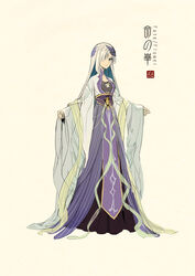  beige_background breasts brynhildr_(fate) chinese_clothes closed_mouth diagonal_bangs duijin_ruqun fate/prototype fate/prototype:_fragments_of_blue_and_silver fate_(series) female frown full_body grey_eyes hair_ornament hair_over_one_eye hanfu highres long_sleeves looking_at_viewer one_eye_covered outstretched_arms photoshop_(medium) robe sash see-through shawl sidelocks simple_background solo standing white_hair wide_sleeves zerocastle 