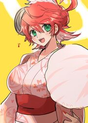  breasts cheesenaanlassi colored_inner_hair cotton_candy female floral_print green_eyes guilty_gear guilty_gear_strive guilty_gear_strive_x_tower_records hair_between_eyes halo highres jack-o&#039;_valentine japanese_clothes kimono large_breasts long_hair long_sleeves looking_at_viewer mature_female messy_hair multicolored_hair nail_polish obi official_alternate_costume open_mouth pink_kimono print_kimono pumpkin_mask red_hair red_nails sash smile spiked_halo summer_festival tower_records white_hair wide_sleeves yellow_background yukata 