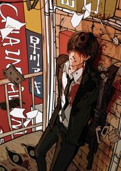  1boy against_wall black_hair black_necktie black_pants black_suit blood blood_on_clothes blood_on_face blood_on_weapon bob_cut brick_wall business_suit chainsaw_man collared_shirt covered_eyes crack cracked_wall extra_eyes feet_out_of_frame floating floating_object formal fox fox_devil_(chainsaw_man) gun gun_fiend_(chainsaw_man) hair_down hair_over_eyes handgun hayakawa_aki highres industrial_pipe injury leaning_back long_sleeves looking_at_viewer male_focus necktie nosebleed pants parted_lips railing rifle shirt short_hair sign solo spoilers standing suit wall weapon white_shirt x_eve 