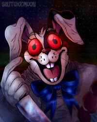  2022 4:5 absurd_res animal_humanoid anthro blood blue_bow_tie blurred_background bodily_fluids bow_ribbon bow_tie buckteeth bunny_costume clothed clothing costume creepy digital_media_(artwork) eyebrows eyelashes female fingers five_nights_at_freddy&#039;s five_nights_at_freddy&#039;s:_security_breach glowing glowing_eyes hi_res holding_knife holding_melee_weapon holding_object holding_weapon horror_(theme) humanoid knife lagomorph lagomorph_humanoid leporid leporid_humanoid mammal mammal_humanoid markings melee_weapon open_mouth rabbit rabbit_ears rabbit_humanoid red_eyes scottgames selitoxicmoon shaded smile solo steel_wool_studios stitch_(sewing) suit teeth terror tongue vanny_(fnaf) weapon whisker_markings whisker_spots whiskers 