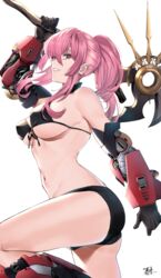  absurdres bikini black_bikini breasts female front-tie_top highres holding holding_scythe holding_weapon hololive hololive_english keisuke_desu~ looking_at_viewer mecha_musume mori_calliope navel pink_hair ponytail scythe signature simple_background smile solo string_bikini swimsuit underboob virtual_youtuber weapon white_background 