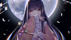  black_hair blouse bow bowtie branch covering_own_mouth female frilled_shirt_collar frilled_sleeves frills hand_over_own_mouth hands_up highres hime_cut houraisan_kaguya jeweled_branch_of_hourai long_hair long_sleeves looking_at_viewer moon moonlight night night_sky petals pink_eyes pink_shirt ringo_no_usagi_(artist) shadow shirt sky sleeves_past_wrists solo touhou treasure upper_body white_bow white_bowtie wide_sleeves 