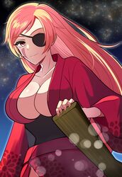  baiken big_hair breasts cleavage et_chi eyepatch facial_tattoo female floral_print guilty_gear guilty_gear_strive guilty_gear_strive_x_tower_records highres japanese_clothes kimono large_breasts long_hair long_sleeves looking_at_viewer one-eyed open_clothes open_kimono pink_hair print_kimono red_eyes red_kimono samurai smile summer_festival tattoo tower_records yukata 