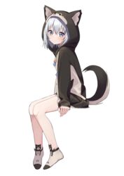  animal_ears animal_hood bare_legs black_hoodie black_skirt blue_eyes blush closed_mouth commentary dog_ears dog_tail fake_animal_ears female from_side grey_hair hair_between_eyes highres hood hood_up hoodie kohaku_nene la_peche_party long_sleeves looking_at_viewer looking_to_the_side no_shoes short_hair simple_background sitting skirt sleeves_past_wrists socks solo syhan tail virtual_youtuber white_background white_socks 