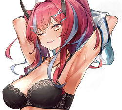  absurdres armpits azur_lane breasts bremerton_(azur_lane) bremerton_(scorching-hot_training)_(azur_lane) clothes_lift collarbone commentary crop_top crop_top_overhang crossed_bangs female gradient_eyes grey_hair hair_between_eyes hair_ornament heart heart_necklace highres jewelry large_breasts lifting_own_clothes long_hair mole mole_on_breast mole_under_eye multicolored_eyes multicolored_hair necklace official_alternate_costume one_eye_closed open_mouth pink_eyes pink_hair septoleaf shirt shirt_lift sidelocks sleeveless sleeveless_shirt sportswear streaked_hair sweatdrop twintails two-tone_hair upper_body x_hair_ornament 