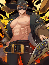  1boy abs bara bare_pectorals belt blonde_hair card feet_out_of_frame fingerless_gloves foreshortening gloves grin guilty_gear guilty_gear_strive hat highres jacket johnny_(guilty_gear) kyou_(ningiou) large_belt long_hair looking_at_viewer male_focus muscular muscular_male navel nipples obliques open_clothes open_jacket outstretched_hand pectorals playing_card smile solo sparkle stomach sunglasses thick_eyebrows thighs v-taper 