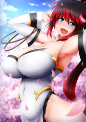  black_hair blue_eyes blush breasts cherry_blossoms cloud cloudy_sky covered_navel detached_sleeves dress female hair_ornament highres huge_breasts multicolored_hair nanbu_kaguya open_mouth petals ponpo ponytail red_hair sky smile solo strapless strapless_dress super_robot_wars super_robot_wars_og_saga_mugen_no_frontier white_dress 