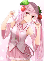  bare_shoulders belt between_fingers blush breasts cherry cherry_blossoms cherry_hair_ornament closed_mouth collared_shirt commentary cowboy_shot detached_sleeves divergenceok female floral_print flower food food-themed_hair_ornament fruit gradient_background hair_flower hair_ornament hair_over_shoulder hatsune_miku highres holding holding_flower leaf_hair_ornament leaning_to_the_side long_hair looking_at_viewer medium_breasts miniskirt necktie pink_background pink_flower pink_hair pink_nails pink_necktie pink_shirt pink_skirt pink_theme pleated_skirt red_eyes ribbon sakura_miku shirt skirt smile solo thighhighs twintails very_long_hair vocaloid 