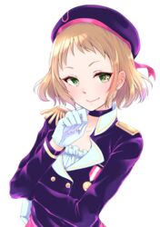  absurdres brown_hair choker closed_mouth earrings epaulettes female gloves green_eyes hat highres jacket jewelry kira_tsubasa kobayashi_nyoromichi long_sleeves looking_at_viewer love_live! love_live!_school_idol_project purple_choker purple_hat purple_jacket shocking_party short_hair simple_background smile solo upper_body white_background white_gloves 