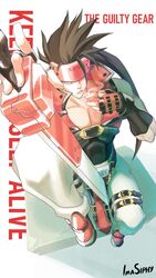  1boy absurdres brown_hair cigarette covered_abs fingerless_gloves fireseal forehead_protector gloves guilty_gear guilty_gear_x guilty_gear_xx headband highres holding holding_cigarette imasiphy lighting_cigarette long_hair long_sleeves looking_at_viewer male_focus muscular muscular_male pectorals ponytail red_eyes simple_background smoke smoking sol_badguy spiked_hair 