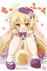  :d ahoge animal_ear_fluff animal_ears beret blonde_dog_girl_(ri-net) blonde_hair blush bobby_socks brown_eyes commentary_request dog_ears dog_girl dog_tail dress female flower flower_knight_girl full_body hair_between_eyes hair_flower hair_ornament hands_up hat heart highres kemonomimi_mode kuko_(flower_knight_girl) long_hair open_mouth paw_pose photoshop_(medium) puffy_short_sleeves puffy_sleeves purple_dress purple_flower purple_footwear purple_hat ri-net shadow shoe_soles shoes short_sleeves sitting smile socks solo tail tail_censor translation_request very_long_hair white_background white_socks x_hair_ornament 