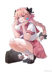  1boy astolfo_(fate) astolfo_(sailor_paladin)_(fate) bag black_bag black_bow black_footwear bow braid braided_ponytail candy chinese_commentary commentary_request fate/apocrypha fate/grand_order fate_(series) food hair_intakes hair_ornament hairbow highres holding holding_candy holding_food holding_lollipop kuuus legs lollipop looking_at_viewer male_focus oerba_yun_fang official_alternate_costume otoko_no_ko pink_hair pink_sailor_collar pink_skirt pleated_skirt purple_eyes sailor_collar school_uniform serafuku shirt simple_background skirt smile socks solo squatting white_background white_shirt white_socks x_hair_ornament 