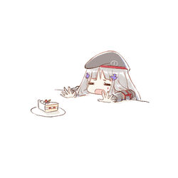  =_= alithea_jane beret cake cake_slice chibi closed_eyes cross dated_commentary female food girls&#039;_frontline hat head_on_table hime_cut hk416_(girls&#039;_frontline) iron_cross long_hair open_mouth outstretched_arms plate reaching silver_hair simple_background solo teardrop_tattoo upper_body white_background 