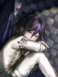  1boy absurdres black_hair checkered_clothes checkered_scarf clown_mask commentary_request danganronpa_(series) danganronpa_v3:_killing_harmony feet_out_of_frame from_side hair_between_eyes highres knees_up long_sleeves looking_at_viewer looking_to_the_side male_focus mask muuyiie oma_kokichi pants purple_eyes purple_hair scarf short_hair sitting smile solo straitjacket tile_wall tiles unworn_mask 