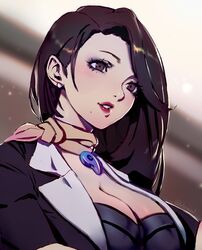  breasts brown_eyes brown_hair cleavage datcravat earrings female gyakuten_saiban highres jacket jewelry large_breasts lipstick long_hair magatama magatama_necklace makeup mia_fey mole mole_under_mouth necklace parted_lips phoenix_wright:_ace_attorney scarf solo suit_jacket teeth upper_body 